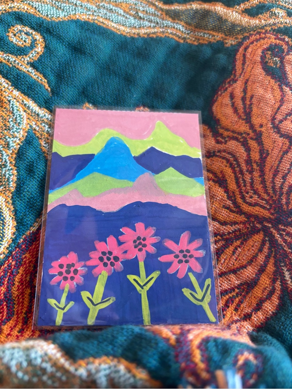 Hand-Painted Floral Mountain Art Print - Pink & Blue ACEO